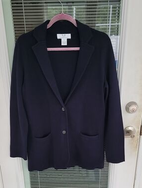 Magaschoni Cotton Navy Knit Sweatet Blazer with Notch Collar Sz M